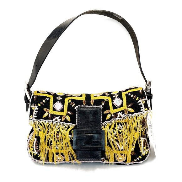 Authentic FENDI Mamma Baguette Beaded Fringe Mirror Shoulder Bag Bucket Hand Bag - Picture 1 of 16